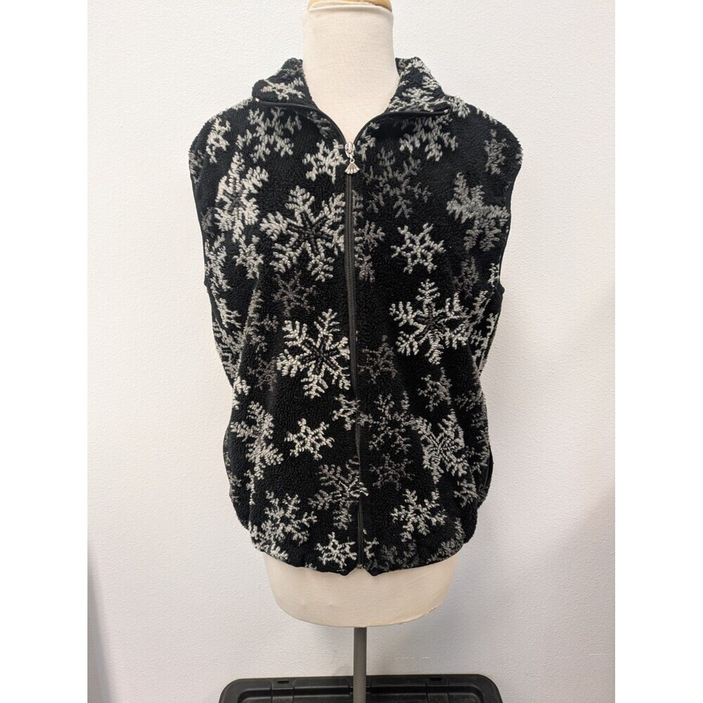 Vintage Black Fleece Snowflake Zipper Sweater Vest sz S Festive Holiday Ski